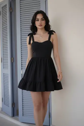 Kadın Straplez Yaka Bağlamalı Askı Tasarım Kloş Mini Mezuniyet Abiye Elbise-Siyah - 6