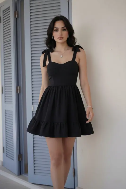 Kadın Straplez Yaka Bağlamalı Askı Tasarım Kloş Mini Mezuniyet Abiye Elbise-Siyah - 6