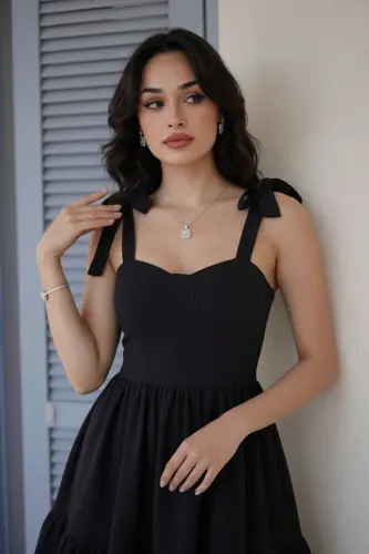 Kadın Straplez Yaka Bağlamalı Askı Tasarım Kloş Mini Mezuniyet Abiye Elbise-Siyah - ALFUDO MODA COLLECTION (1)