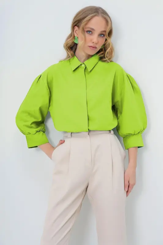 Su Yeşili Balon Kol Gizli Patlı Basic Poplin Gömlek ALC-X9654 - SU YEŞİLİ - 4