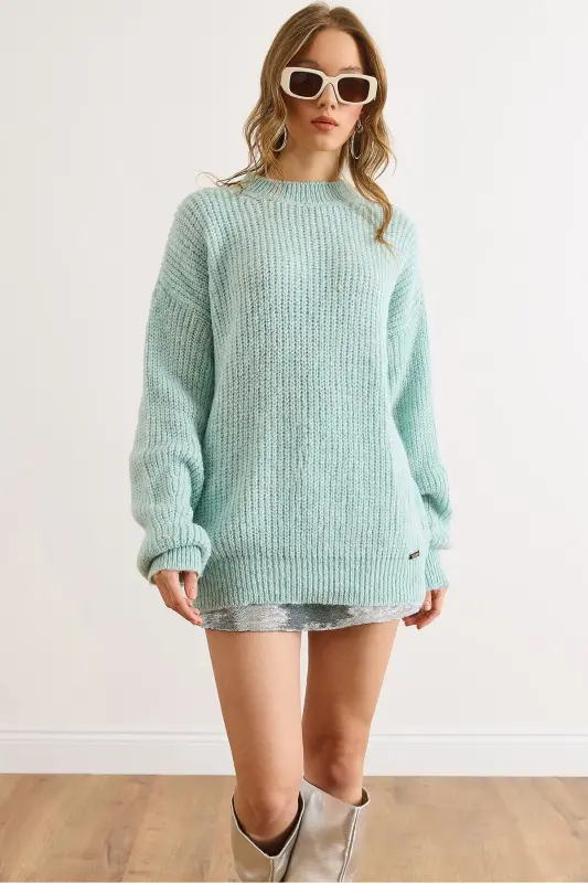 Kadın Su Yeşili Kalın Örgü Şardonlu Balon Kol Triko Kazak KZK-19000863-Su Yeşili - OLALOOK