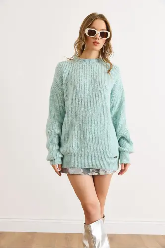 Kadın Su Yeşili Kalın Örgü Şardonlu Balon Kol Triko Kazak KZK-19000863-Su Yeşili - 2