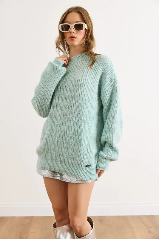 Kadın Su Yeşili Kalın Örgü Şardonlu Balon Kol Triko Kazak KZK-19000863-Su Yeşili - 4