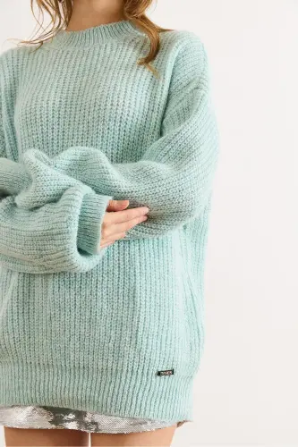 Kadın Su Yeşili Kalın Örgü Şardonlu Balon Kol Triko Kazak KZK-19000863-Su Yeşili - 5