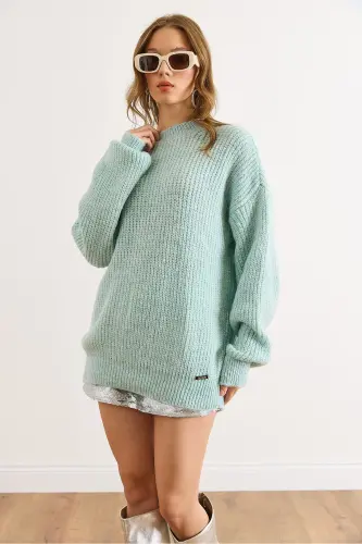 Kadın Su Yeşili Kalın Örgü Şardonlu Balon Kol Triko Kazak KZK-19000863-Su Yeşili - 4