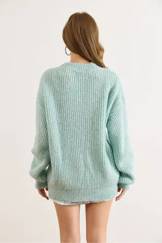 Kadın Su Yeşili Kalın Örgü Şardonlu Balon Kol Triko Kazak KZK-19000863-Su Yeşili - 6