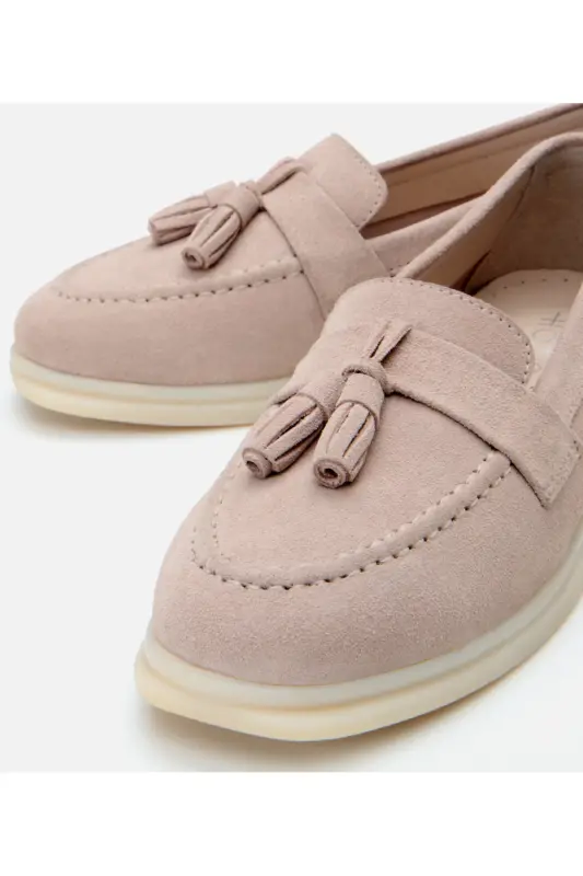 Kadın Süet Deri Bej Püsküllü Günlük Loafer-BEJ - 3