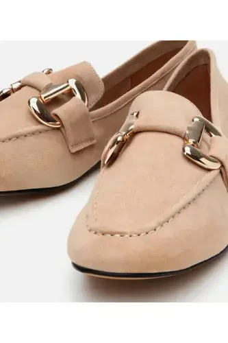 Kadın Süet Deri Bej Tokalı Günlük Loafer-TABA - 3
