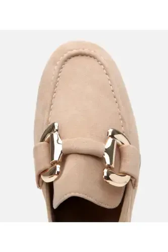 Kadın Süet Deri Bej Tokalı Günlük Loafer-TABA - 4