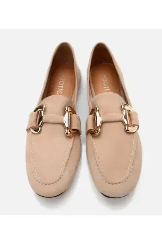 Kadın Süet Deri Bej Tokalı Günlük Loafer-TABA - 5