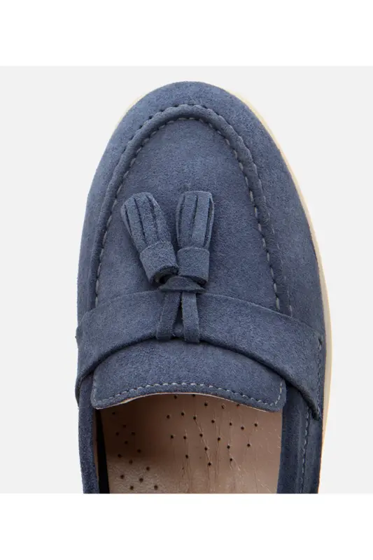 Kadın Süet Deri Mavi Püsküllü Günlük Loafer-MAVİ - 4