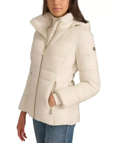 Women's Faux-Fur-Lined Hooded Puffer Coat - Eggshell - 2