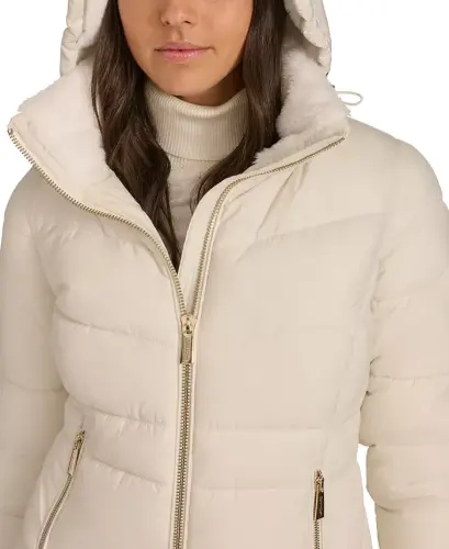 Women's Faux-Fur-Lined Hooded Puffer Coat - Eggshell - 3