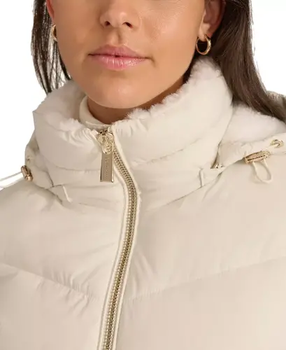 Women's Faux-Fur-Lined Hooded Puffer Coat - Eggshell - 4