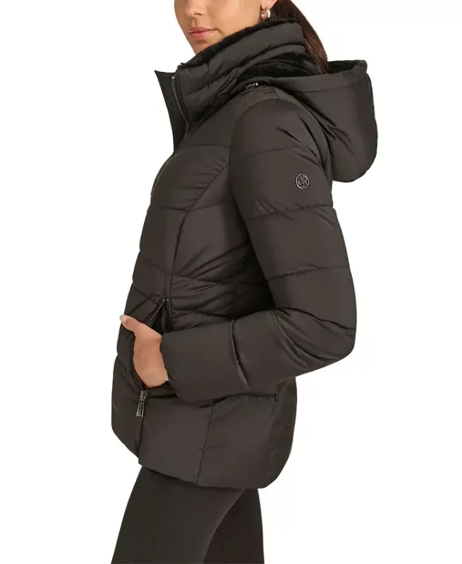 Women's Faux-Fur-Lined Hooded Puffer Coat-Black - 2