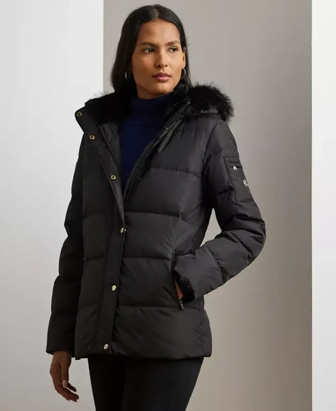 Women's Faux-Fur Hooded Puffer Coat-Black - 1