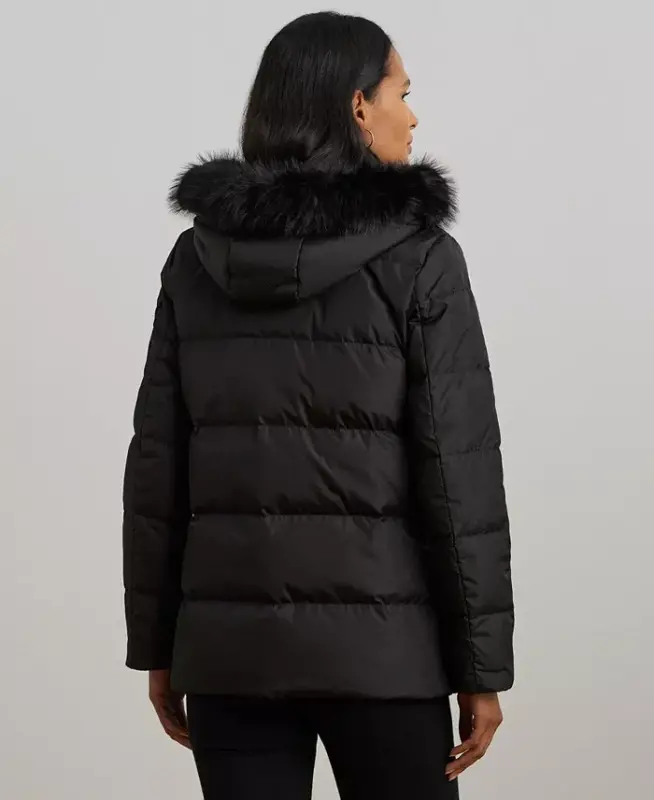 Women's Faux-Fur Hooded Puffer Coat-Black - 2