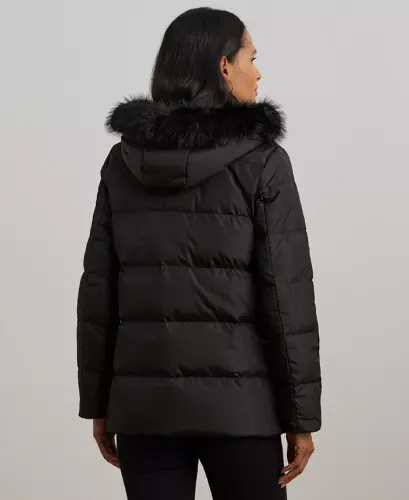 Women's Faux-Fur Hooded Puffer Coat - Black - 2