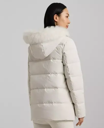 Kadın Suni Kürklü Kapşonlu Puffer Kaban - Krem - LAUREN RALPH LAUREN (1)