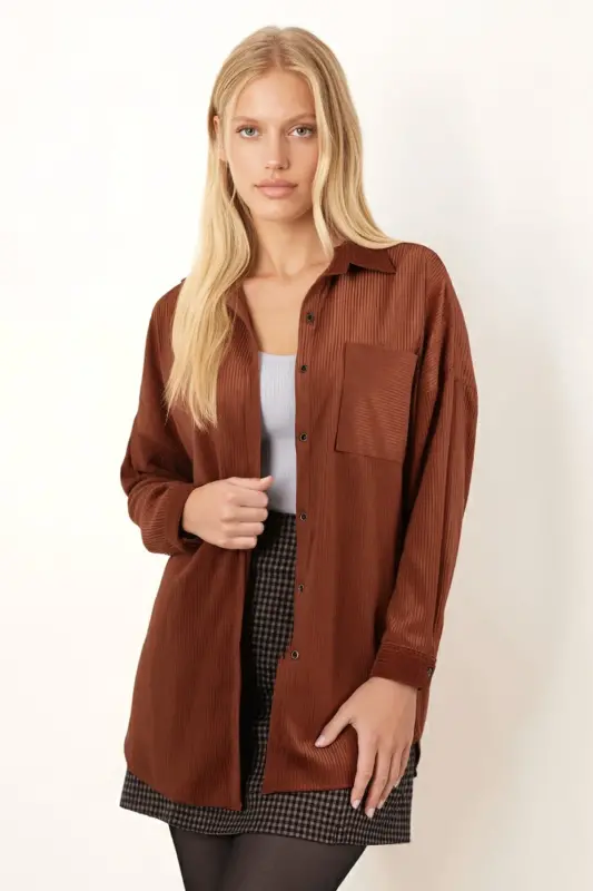 Kadın Taba Cepli Oversize İnce Fitilli Kadife Gömlek ARM-24K001076 - Taba - 2