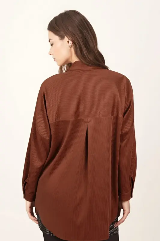 Kadın Taba Cepli Oversize İnce Fitilli Kadife Gömlek ARM-24K001076 - Taba - 3