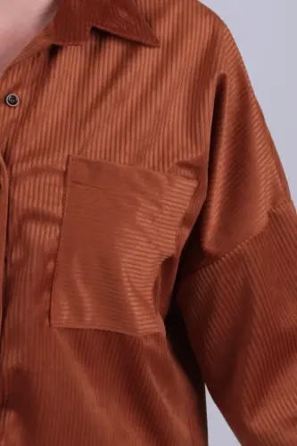 Kadın Taba Cepli Oversize İnce Fitilli Kadife Gömlek ARM-24K001076-Taba - 4