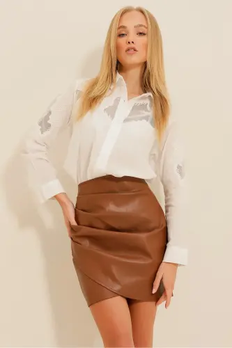 Kadın Taba Drapeli Deri Etek Alc-X9230 - 2