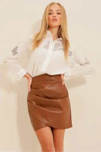 Kadın Taba Drapeli Deri Etek Alc-X9230 - 4