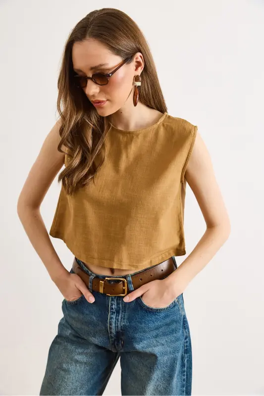 Kadın Taba Flam Keten Crop Bluz BLZ-19002925 - Taba - 3