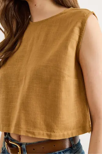 Kadın Taba Flam Keten Crop Bluz BLZ-19002925 - Taba - 4