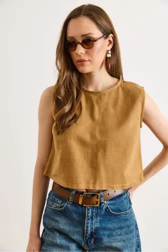 Kadın Taba Flam Keten Crop Bluz BLZ-19002925 - Taba - 5