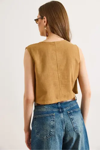 Kadın Taba Flam Keten Crop Bluz BLZ-19002925 - Taba - 6