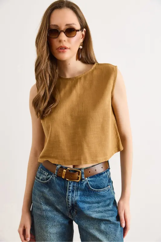Kadın Taba Flam Keten Crop Bluz BLZ-19002925 - Taba - OLALOOK