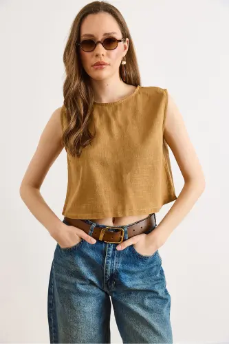 Kadın Taba Flam Keten Crop Bluz BLZ-19002925 - Taba - OLALOOK (1)