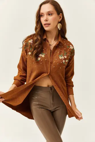 Kadın Taba Nakışlı İncili Yün Efektli Oversize Kışlık Gömlek GML-19001159 - Taba 