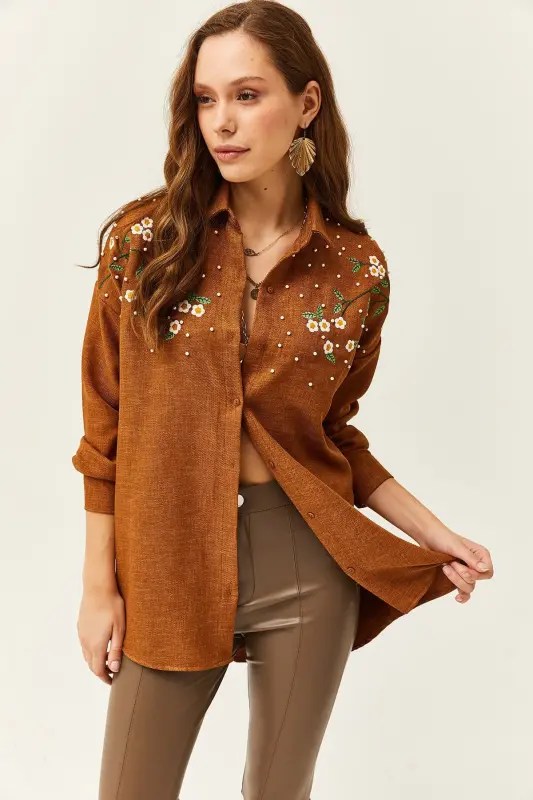 Kadın Taba Nakışlı İncili Yün Efektli Oversize Kışlık Gömlek GML-19001159 - Taba - 3