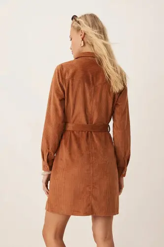 Kadın Taba Önden Düğmeli Cepli Kuşaklı Kadife Elbise ARM-25K001085-Taba - ARMONIKA (1)