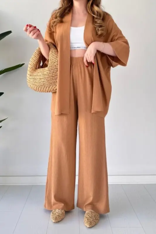 Kadın Tarçın Rengi Bol Paça Palazzo Alt Üst Kimono Takım - TARÇINBOLPAÇA - 2