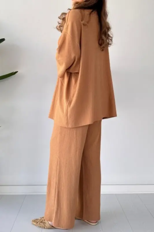 Kadın Tarçın Rengi Bol Paça Palazzo Alt Üst Kimono Takım - TARÇINBOLPAÇA - 3