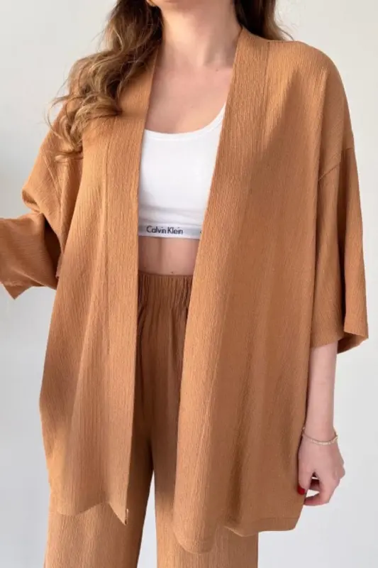 Kadın Tarçın Rengi Bol Paça Palazzo Alt Üst Kimono Takım - TARÇINBOLPAÇA - 4
