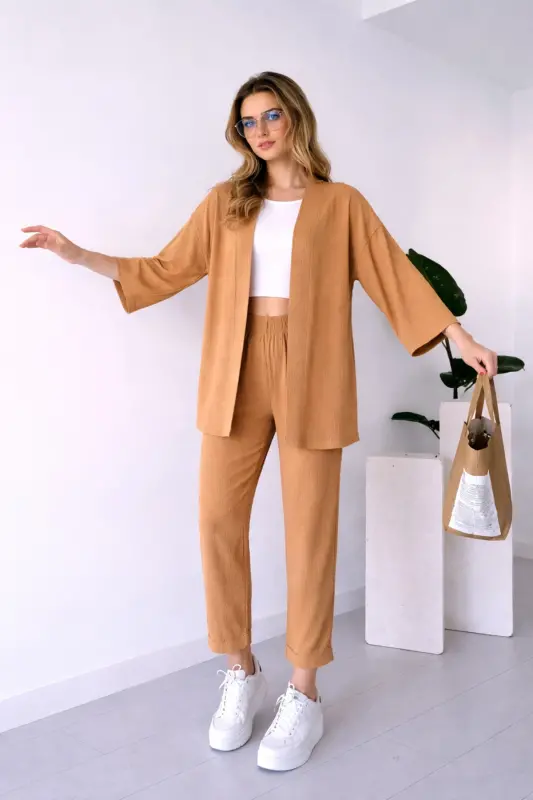 Kadın Tarçın Rengi Cepli Kimono Alt Üst Takım-TAŞ - 1