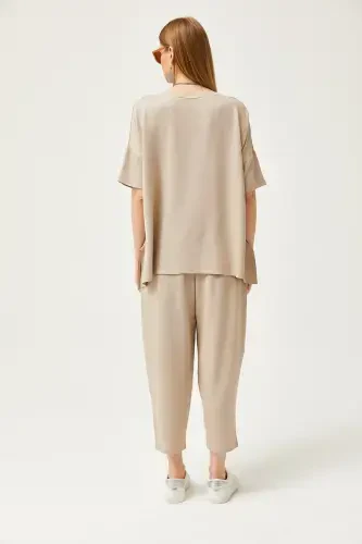 Kadın Taş Asimetrik Bluzlu Yumuşak Dokulu Alt Üst Kristal Takım TKM-19000269-Taş - 6