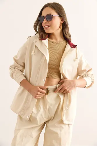 Kadın Taş Bordo Cepli Fermuarlı Çıtçıt Detaylı Gabardin Ceket CKT-19000419 - Taş Bordo - 3