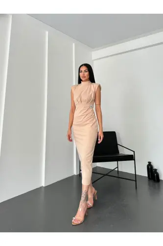 KADIN TAŞ DEYAYLI VATKALI ELBİSE-KREM - 1