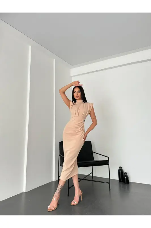 KADIN TAŞ DEYAYLI VATKALI ELBİSE-KREM - 2