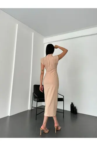 KADIN TAŞ DEYAYLI VATKALI ELBİSE-KREM - 5