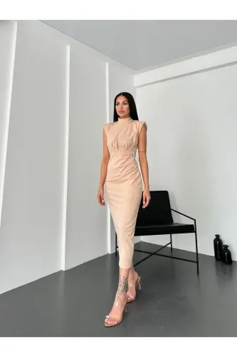 KADIN TAŞ DEYAYLI VATKALI ELBİSE-KREM - 3