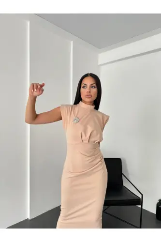 KADIN TAŞ DEYAYLI VATKALI ELBİSE-KREM - 4