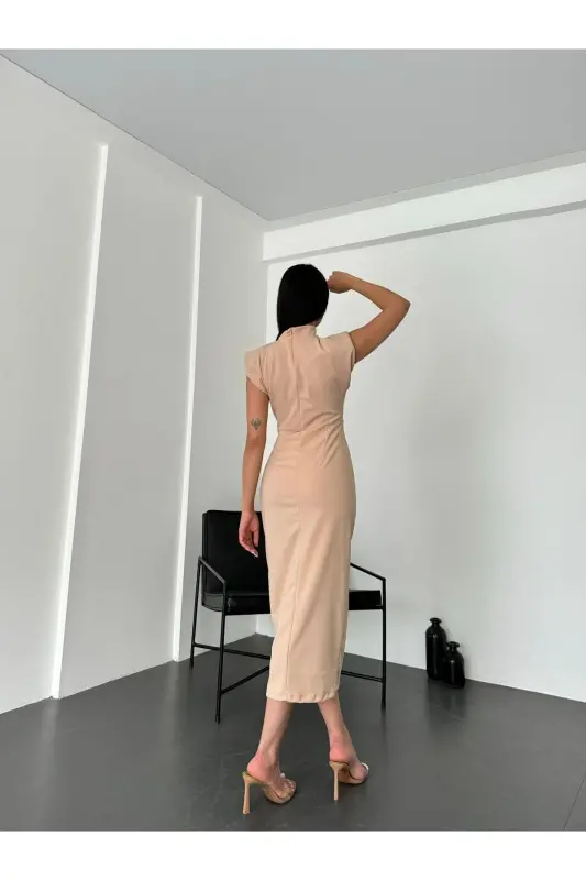 KADIN TAŞ DEYAYLI VATKALI ELBİSE-KREM - 5