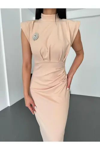 KADIN TAŞ DEYAYLI VATKALI ELBİSE-KREM - 6